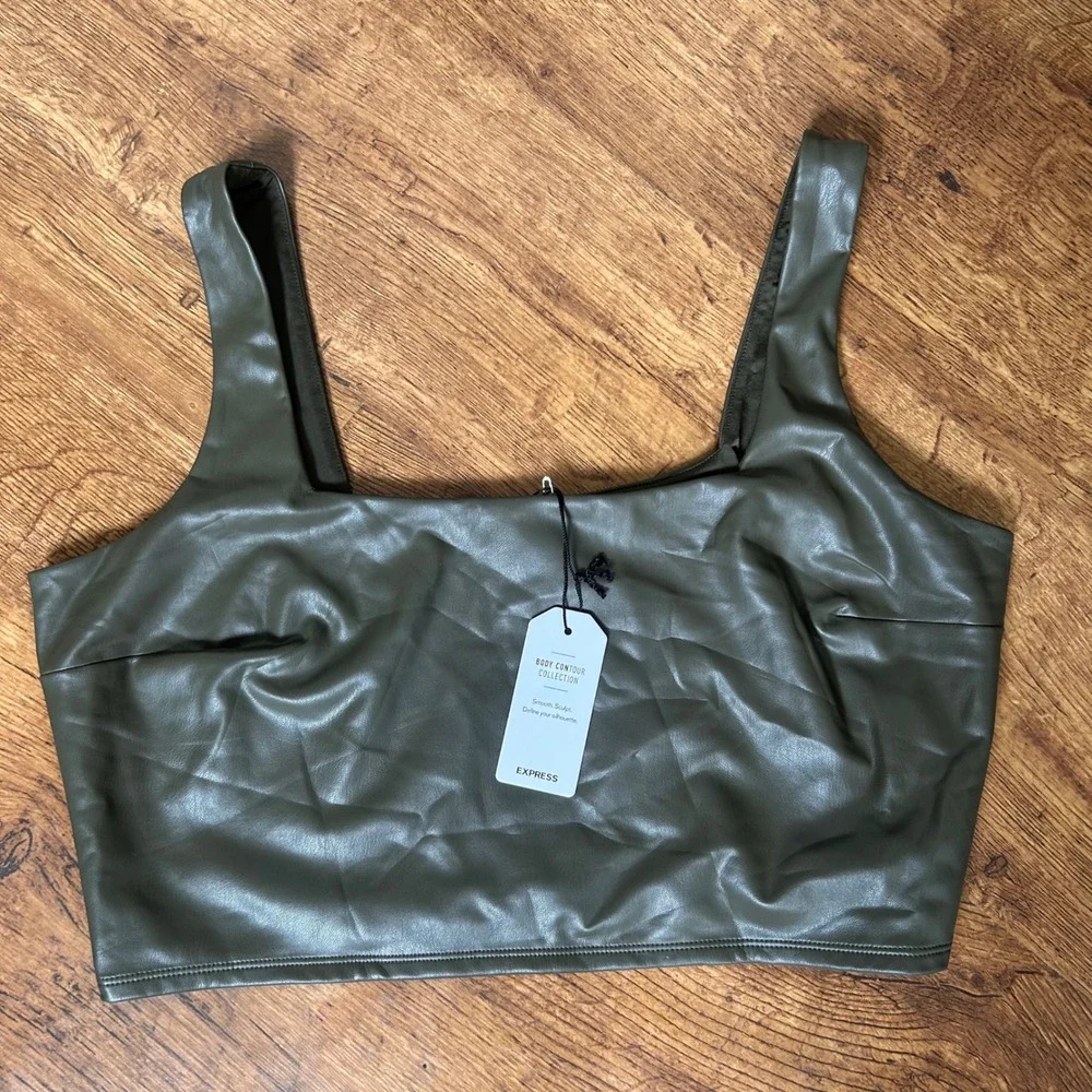 35. Express Body Contour Faux Leather Crop Top Olive Green XL Square Neck NWT